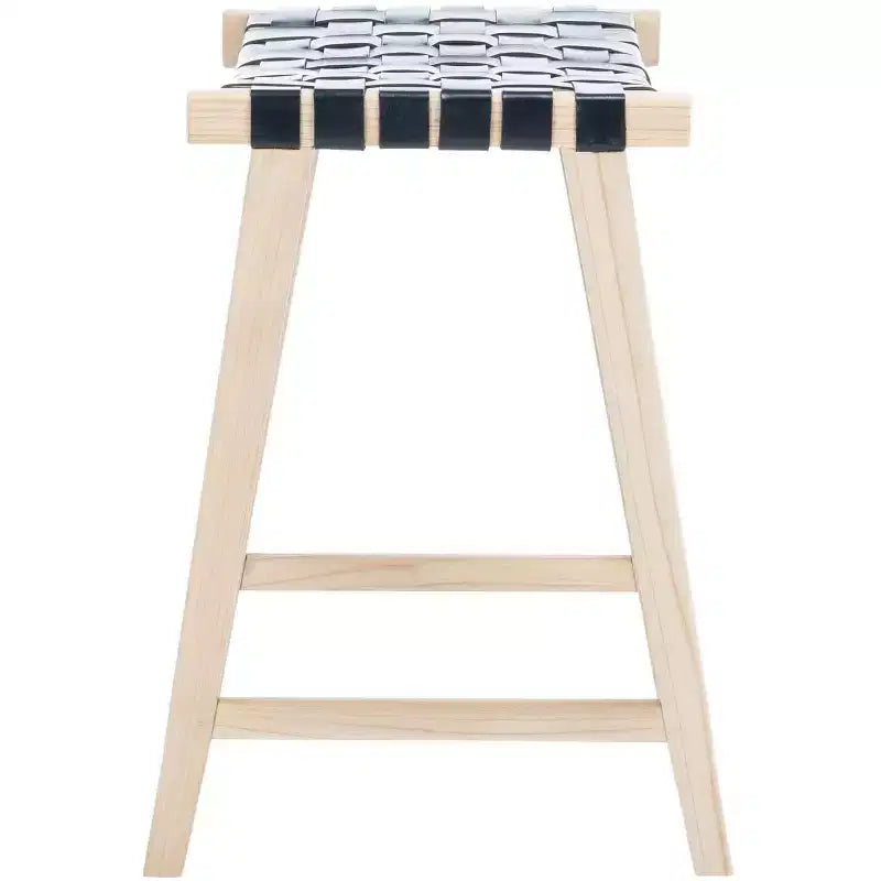 Sgabello da bancone senza schienale con seduta in pelle intrecciata, struttura in legno, 47 cm L x 35,5 cm P