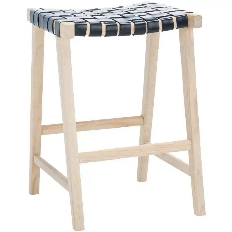 Sgabello da bancone senza schienale con seduta in pelle intrecciata, struttura in legno, 47 cm L x 35,5 cm P