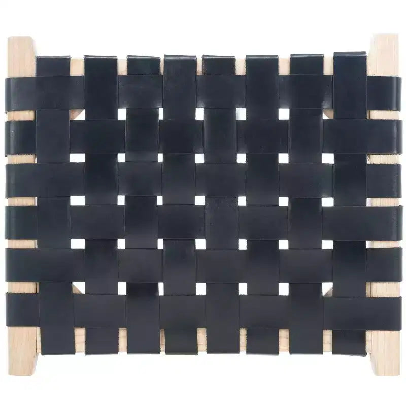 Sgabello da bancone senza schienale con seduta in pelle intrecciata, struttura in legno, 47 cm L x 35,5 cm P