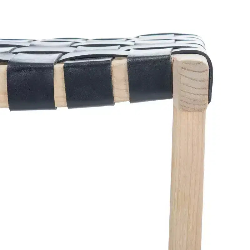 Sgabello da bancone senza schienale con seduta in pelle intrecciata, struttura in legno, 47 cm L x 35,5 cm P