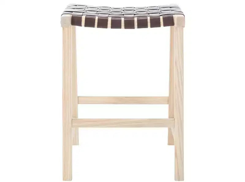 Sgabello da bancone senza schienale con seduta in pelle intrecciata, struttura in legno, 47 cm L x 35,5 cm P