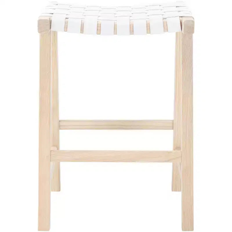 Sgabello da bancone senza schienale con seduta in pelle intrecciata, struttura in legno, 47 cm L x 35,5 cm P