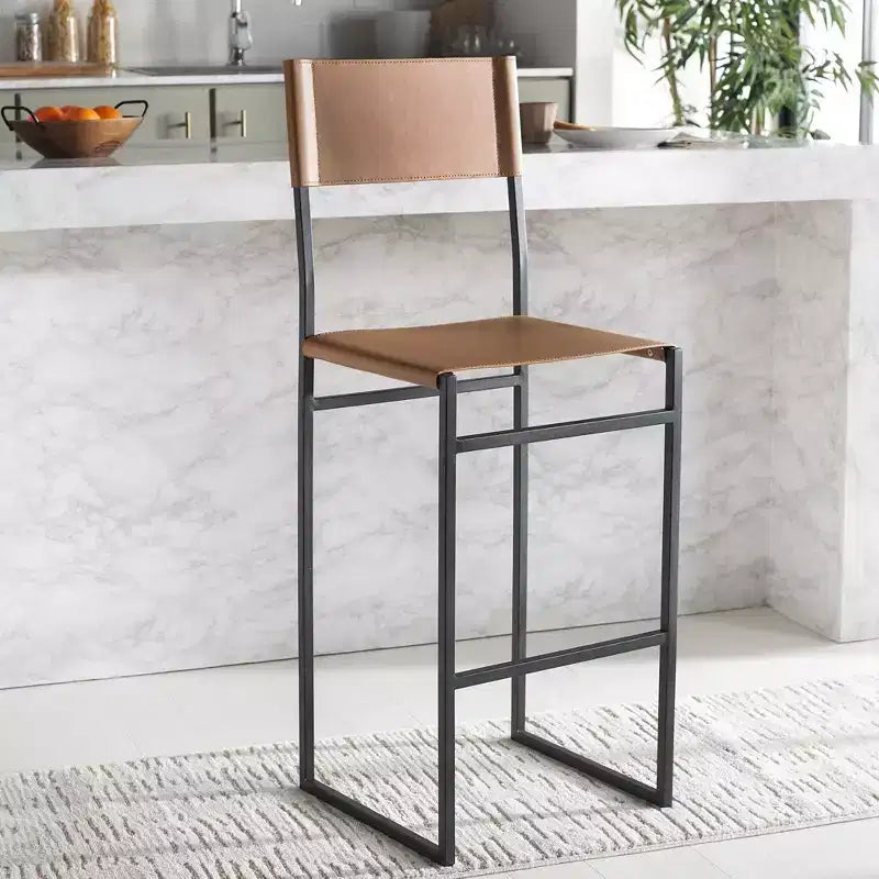 Sgabello da bar con schienale medio e poggiapiedi, struttura in ferro, sedile in pelle, altezza seduta 76 cm