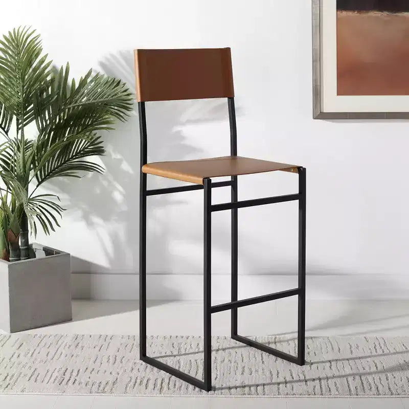 Sgabello da bar con schienale medio e poggiapiedi, struttura in ferro, sedile in pelle, altezza seduta 76 cm
