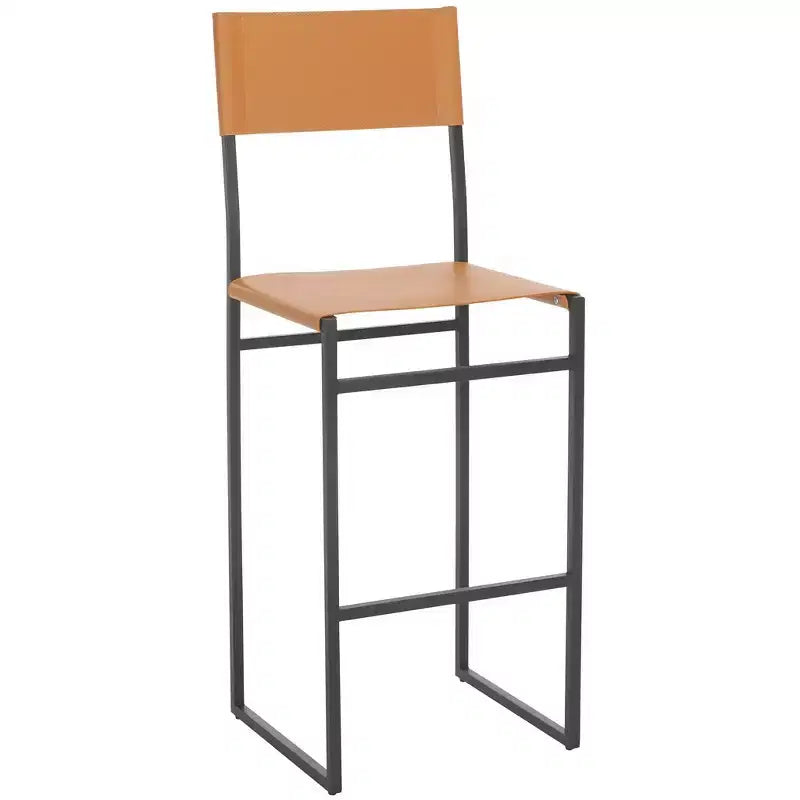 Sgabello da bar con schienale medio e poggiapiedi, struttura in ferro, sedile in pelle, altezza seduta 76 cm