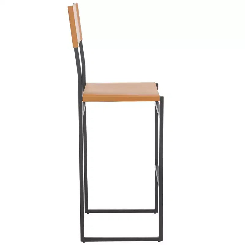 Sgabello da bar con schienale medio e poggiapiedi, struttura in ferro, sedile in pelle, altezza seduta 76 cm