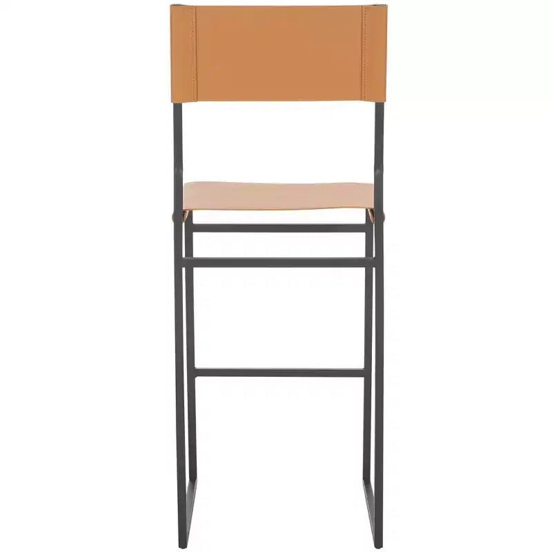 Sgabello da bar con schienale medio e poggiapiedi, struttura in ferro, sedile in pelle, altezza seduta 76 cm