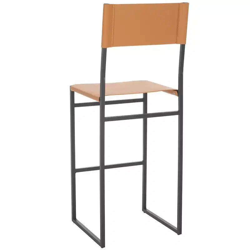 Sgabello da bar con schienale medio e poggiapiedi, struttura in ferro, sedile in pelle, altezza seduta 76 cm