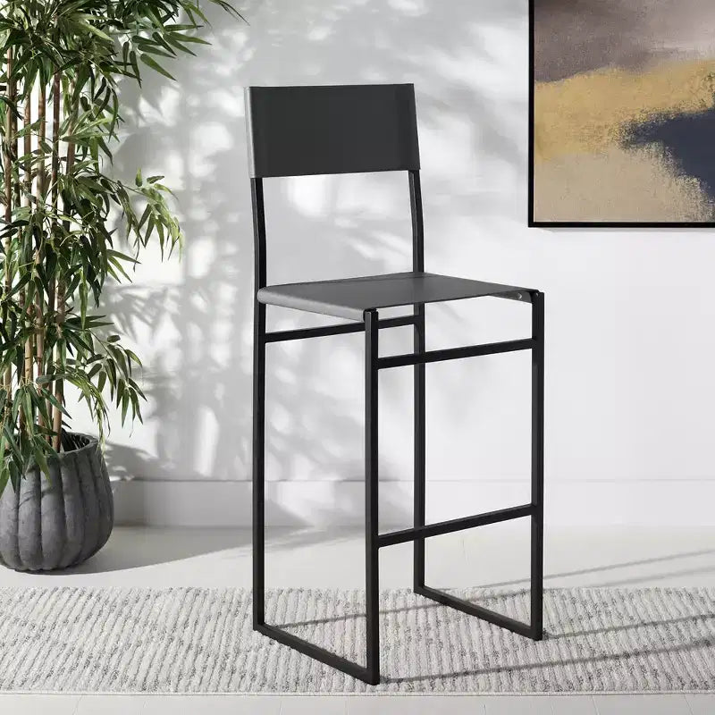 Sgabello da bar con schienale medio e poggiapiedi, struttura in ferro, sedile in pelle, altezza seduta 76 cm