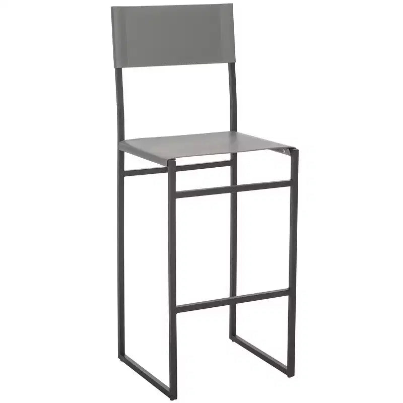 Sgabello da bar con schienale medio e poggiapiedi, struttura in ferro, sedile in pelle, altezza seduta 76 cm