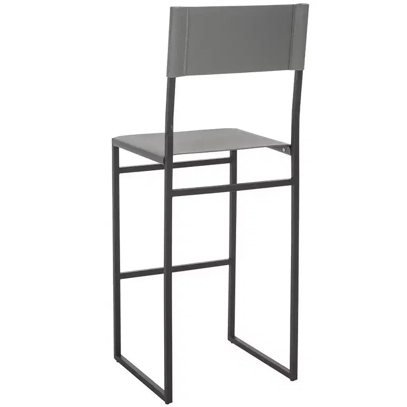 Sgabello da bar con schienale medio e poggiapiedi, struttura in ferro, sedile in pelle, altezza seduta 76 cm
