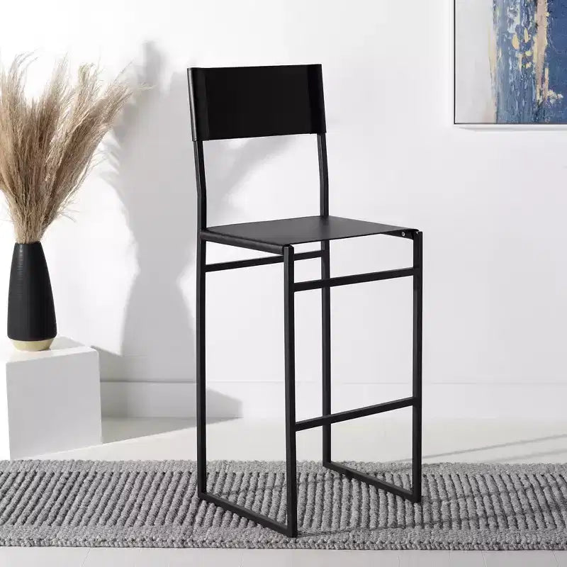 Sgabello da bar con schienale medio e poggiapiedi, struttura in ferro, sedile in pelle, altezza seduta 76 cm
