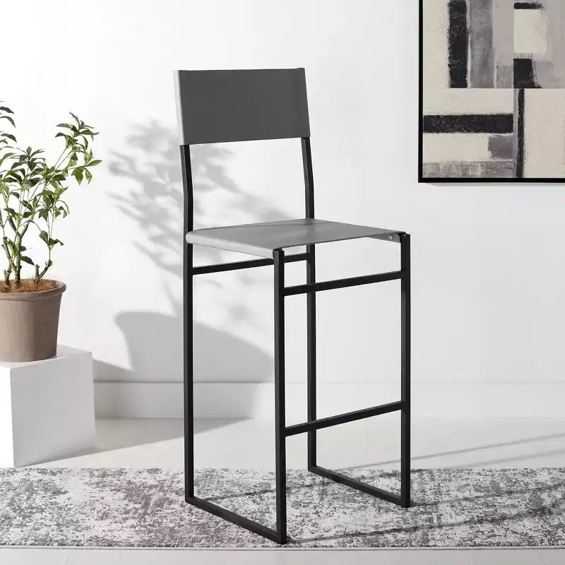 Sgabello da bar con schienale medio e poggiapiedi, struttura in ferro, sedile in pelle, altezza seduta 76 cm