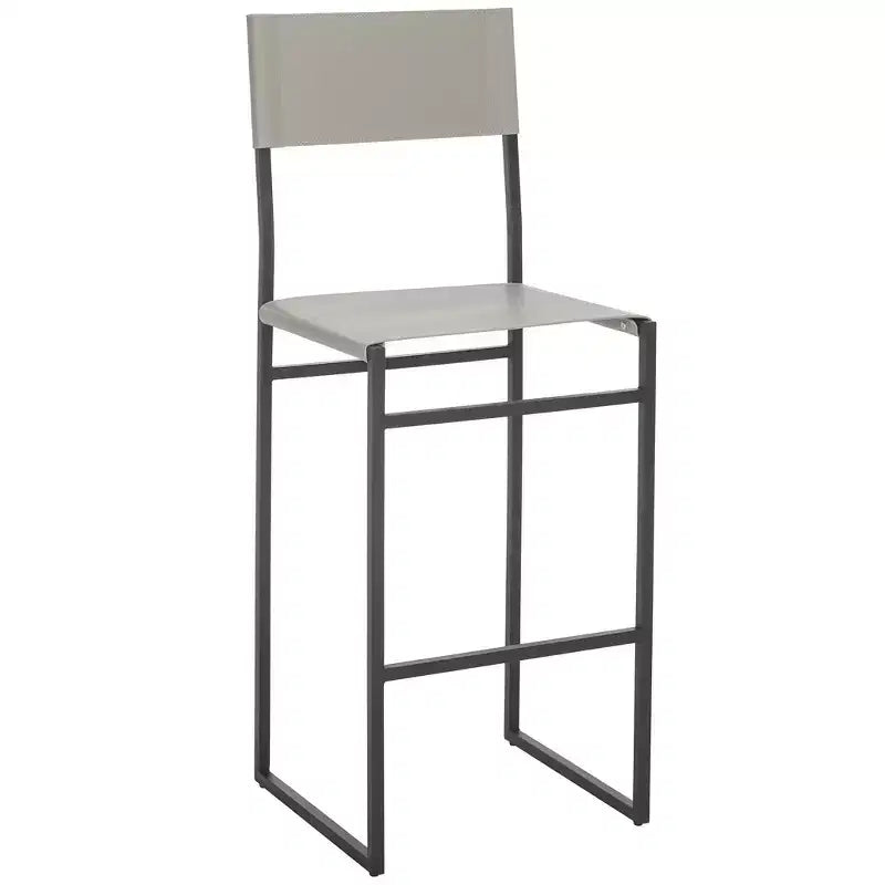 Sgabello da bar con schienale medio e poggiapiedi, struttura in ferro, sedile in pelle, altezza seduta 76 cm