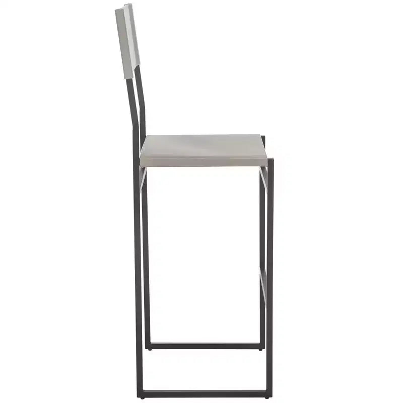 Sgabello da bar con schienale medio e poggiapiedi, struttura in ferro, sedile in pelle, altezza seduta 76 cm