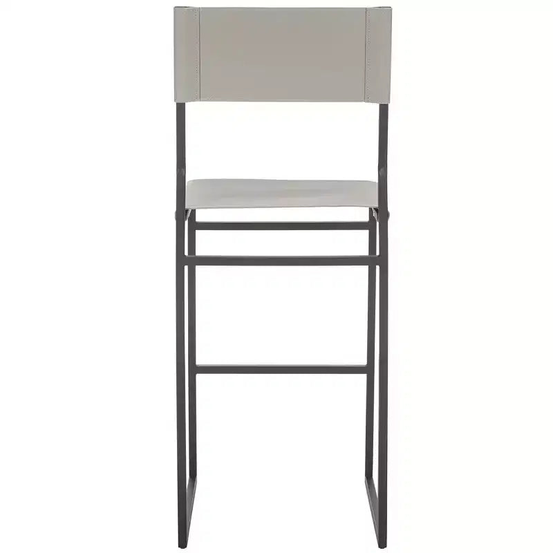 Sgabello da bar con schienale medio e poggiapiedi, struttura in ferro, sedile in pelle, altezza seduta 76 cm