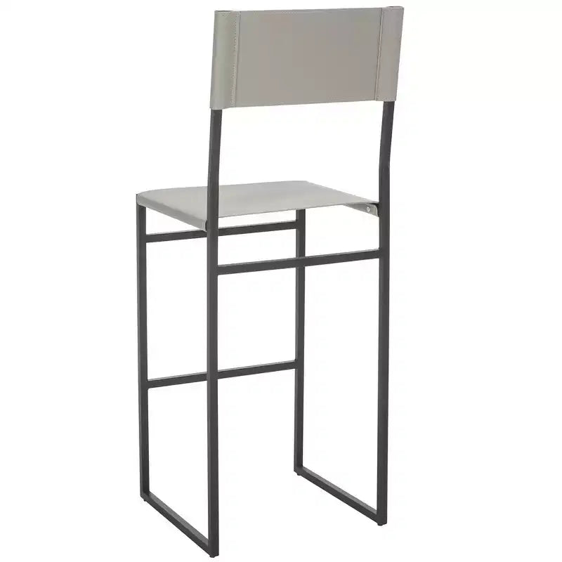 Sgabello da bar con schienale medio e poggiapiedi, struttura in ferro, sedile in pelle, altezza seduta 76 cm