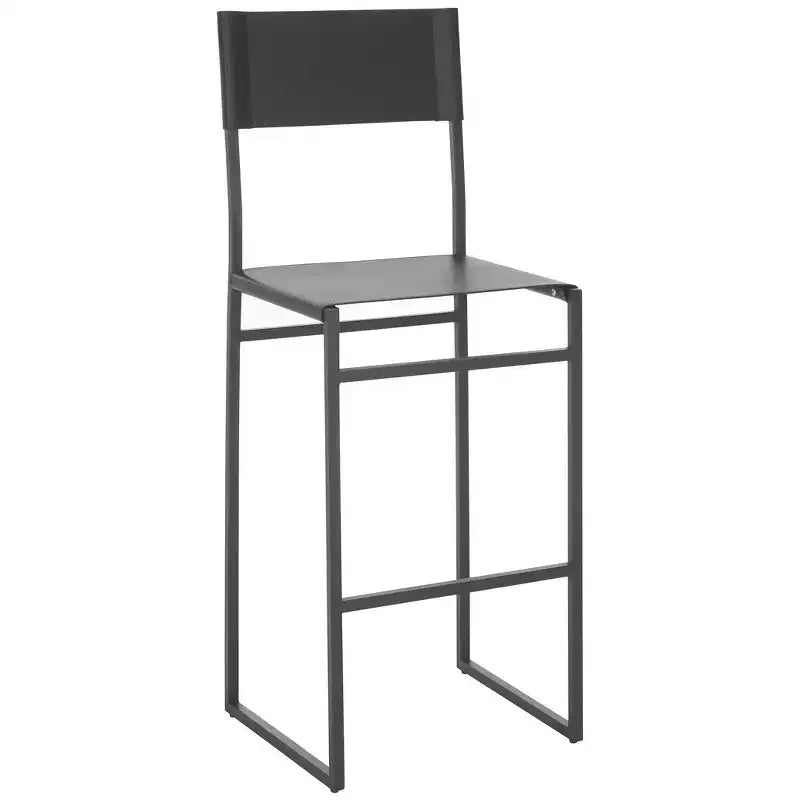 Sgabello da bar con schienale medio e poggiapiedi, struttura in ferro, sedile in pelle, altezza seduta 76 cm