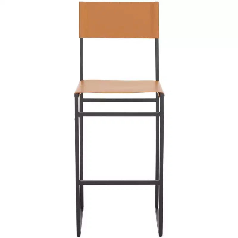Sgabello da bar con schienale medio e poggiapiedi, struttura in ferro, sedile in pelle, altezza seduta 76 cm