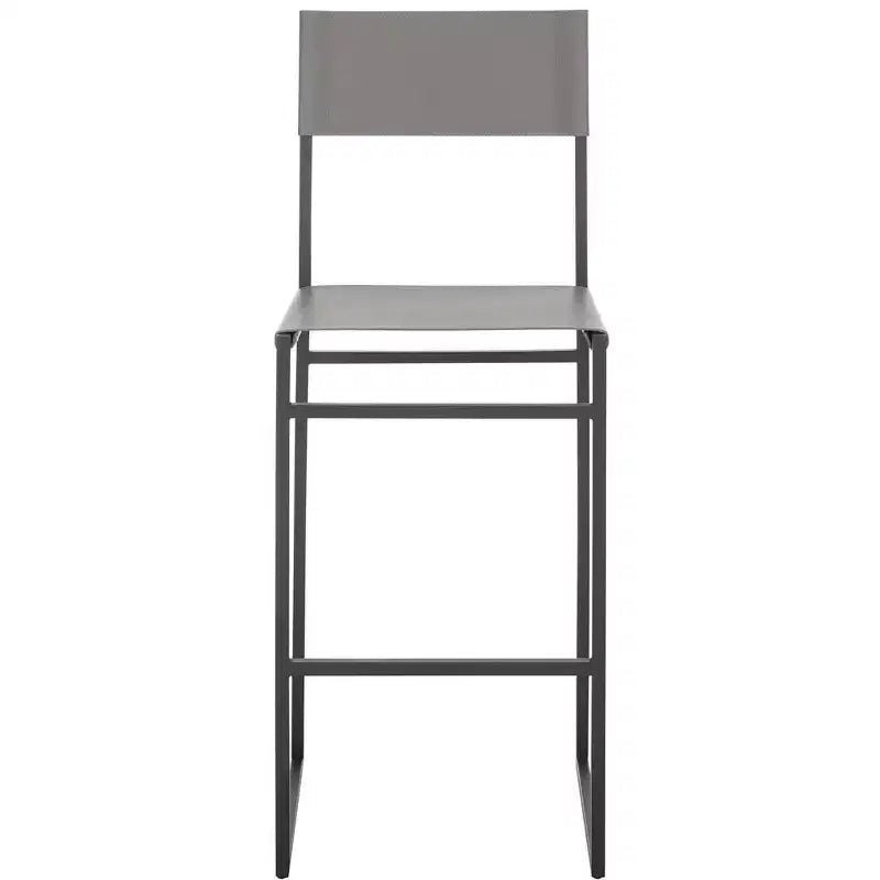 Sgabello da bar con schienale medio e poggiapiedi, struttura in ferro, sedile in pelle, altezza seduta 76 cm