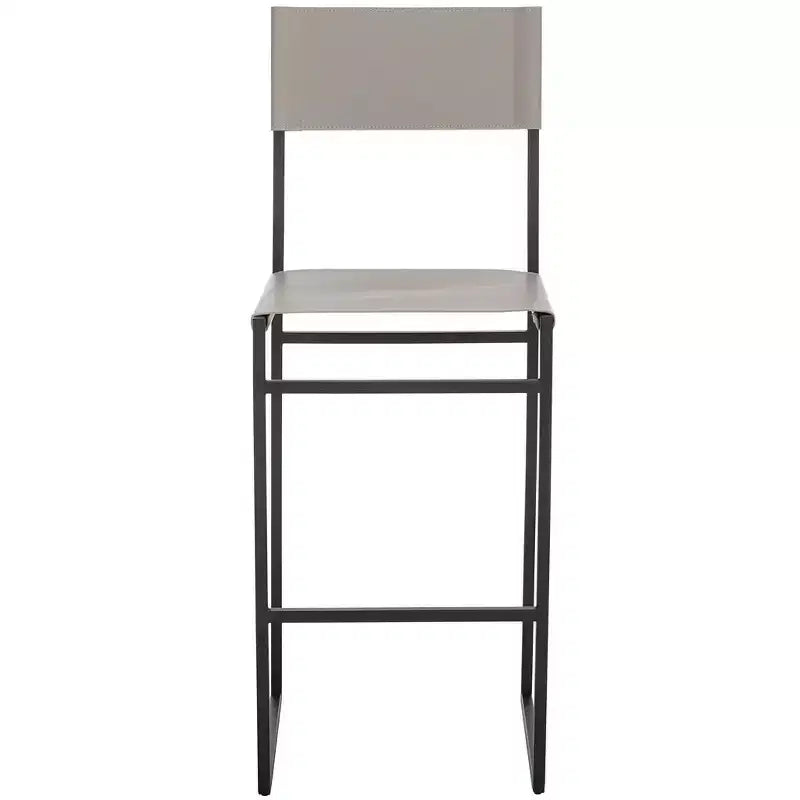 Sgabello da bar con schienale medio e poggiapiedi, struttura in ferro, sedile in pelle, altezza seduta 76 cm