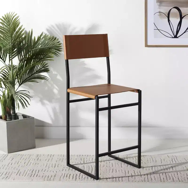 Sgabello da bancone con schienale medio e poggiapiedi, struttura in ferro, seduta in pelle, altezza 26"