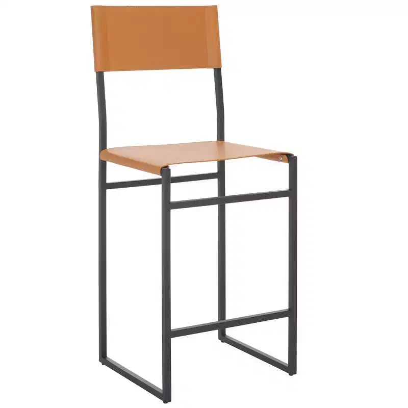 Sgabello da bancone con schienale medio e poggiapiedi, struttura in ferro, seduta in pelle, altezza 26"