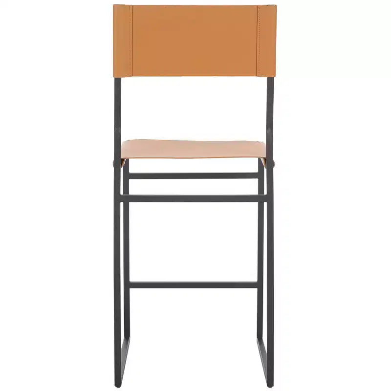Sgabello da bancone con schienale medio e poggiapiedi, struttura in ferro, seduta in pelle, altezza 26"