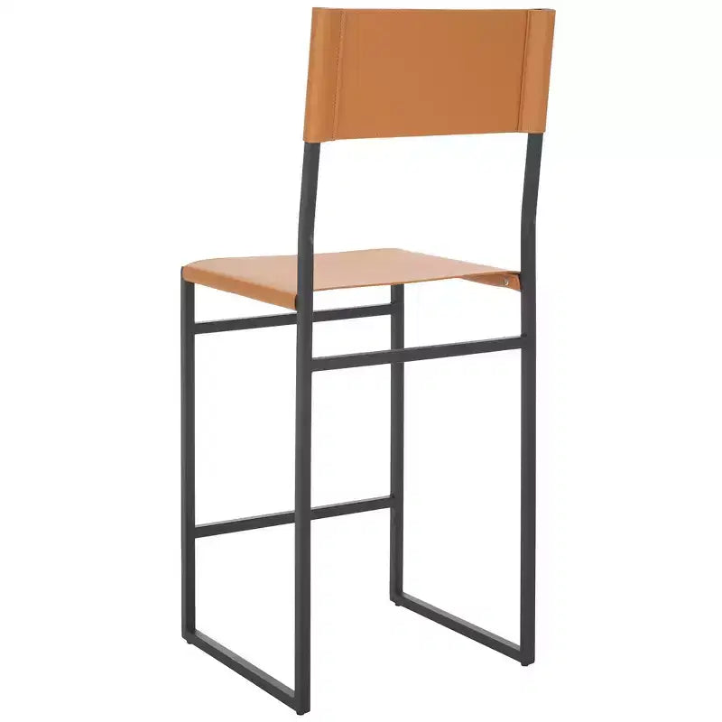 Sgabello da bancone con schienale medio e poggiapiedi, struttura in ferro, seduta in pelle, altezza 26"