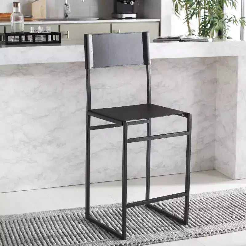 Sgabello da bancone con schienale medio e poggiapiedi, struttura in ferro, seduta in pelle, altezza 26"