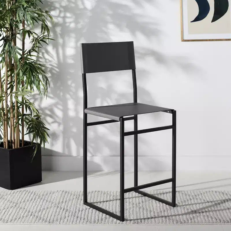 Sgabello da bancone con schienale medio e poggiapiedi, struttura in ferro, seduta in pelle, altezza 26"
