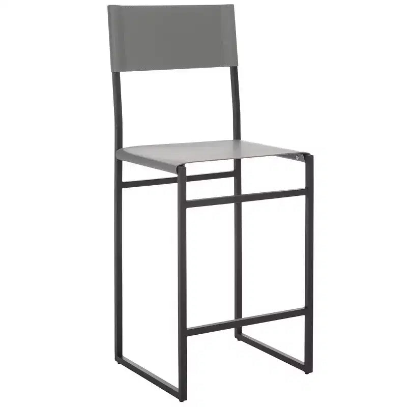 Sgabello da bancone con schienale medio e poggiapiedi, struttura in ferro, seduta in pelle, altezza 26"