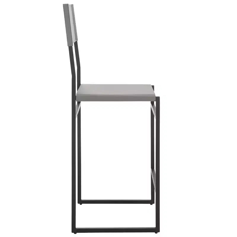 Sgabello da bancone con schienale medio e poggiapiedi, struttura in ferro, seduta in pelle, altezza 26"