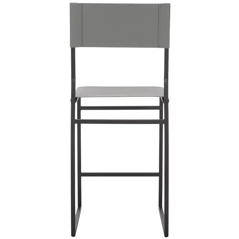 Sgabello da bancone con schienale medio e poggiapiedi, struttura in ferro, seduta in pelle, altezza 26"
