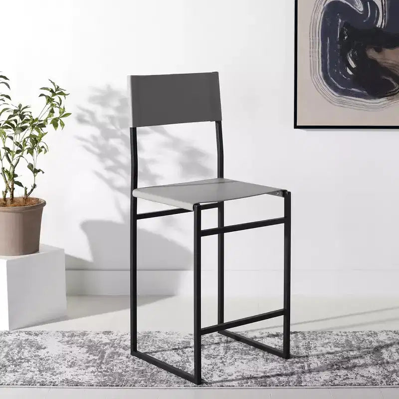 Sgabello da bancone con schienale medio e poggiapiedi, struttura in ferro, seduta in pelle, altezza 26"