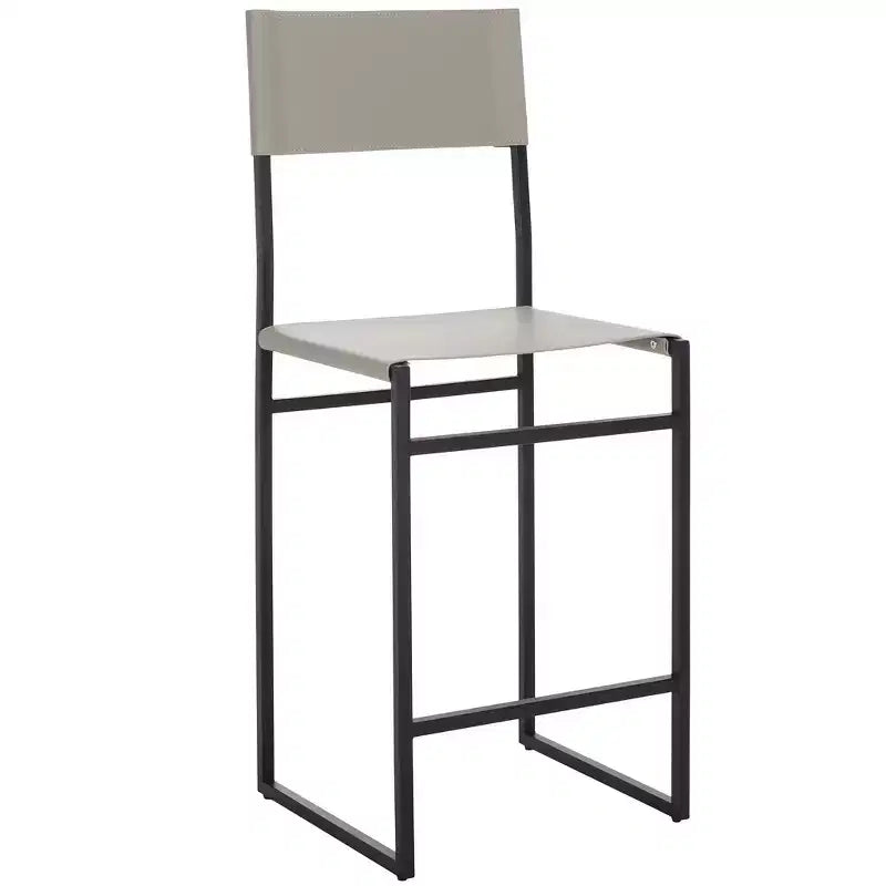 Sgabello da bancone con schienale medio e poggiapiedi, struttura in ferro, seduta in pelle, altezza 26"