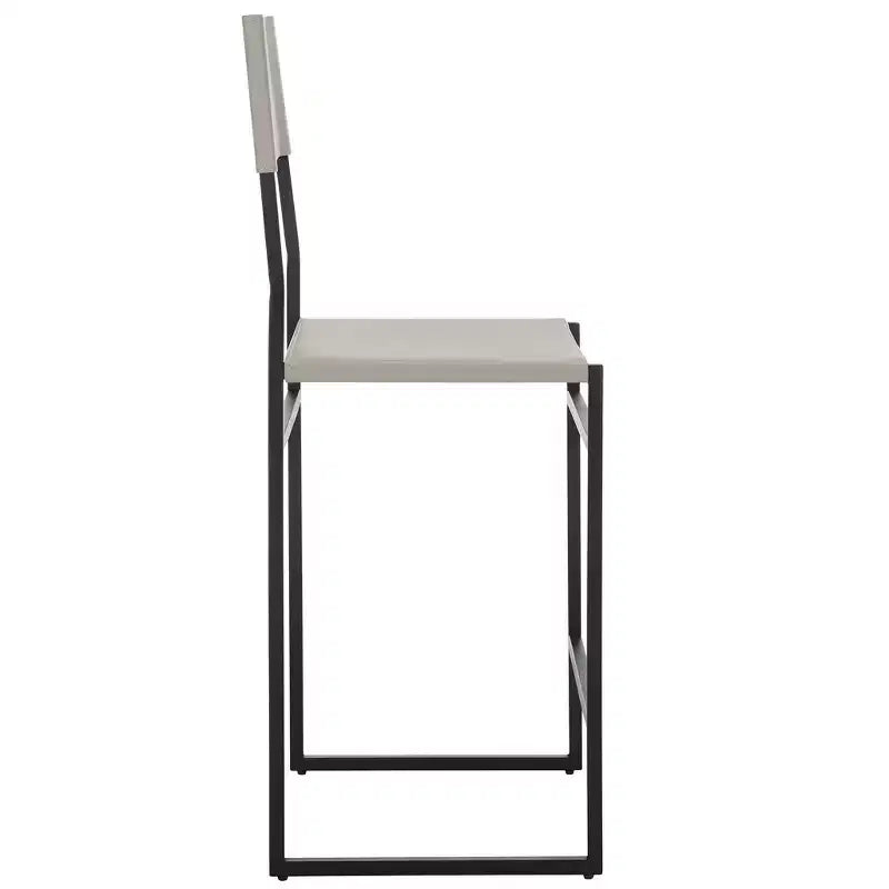 Sgabello da bancone con schienale medio e poggiapiedi, struttura in ferro, seduta in pelle, altezza 26"