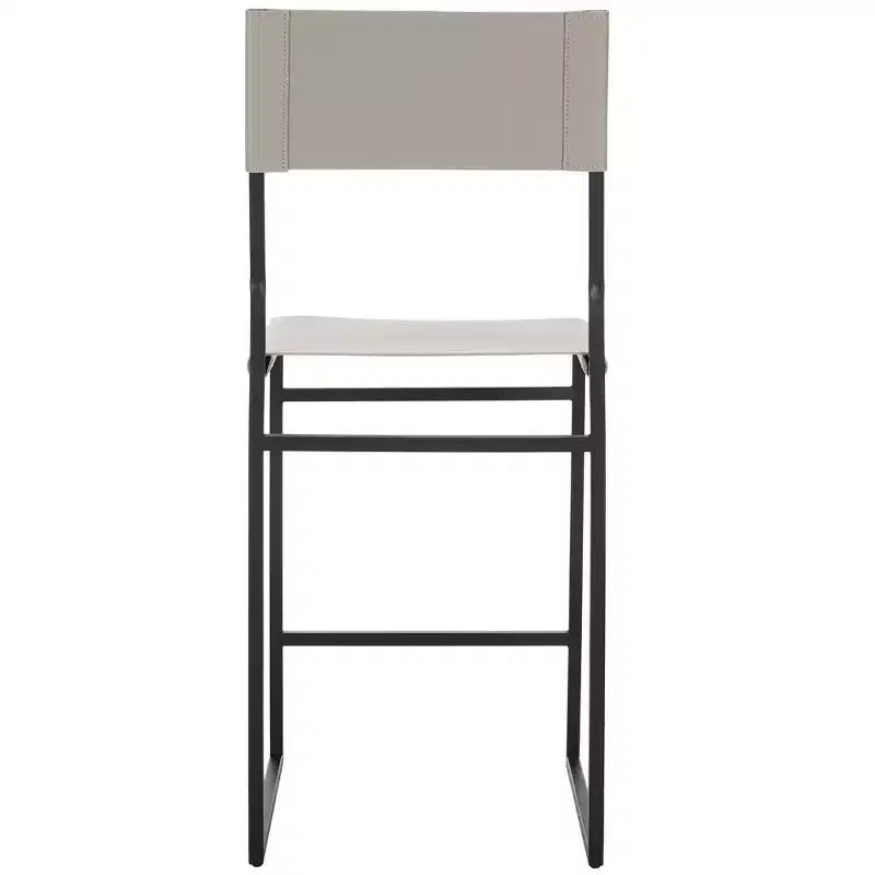 Sgabello da bancone con schienale medio e poggiapiedi, struttura in ferro, seduta in pelle, altezza 26"