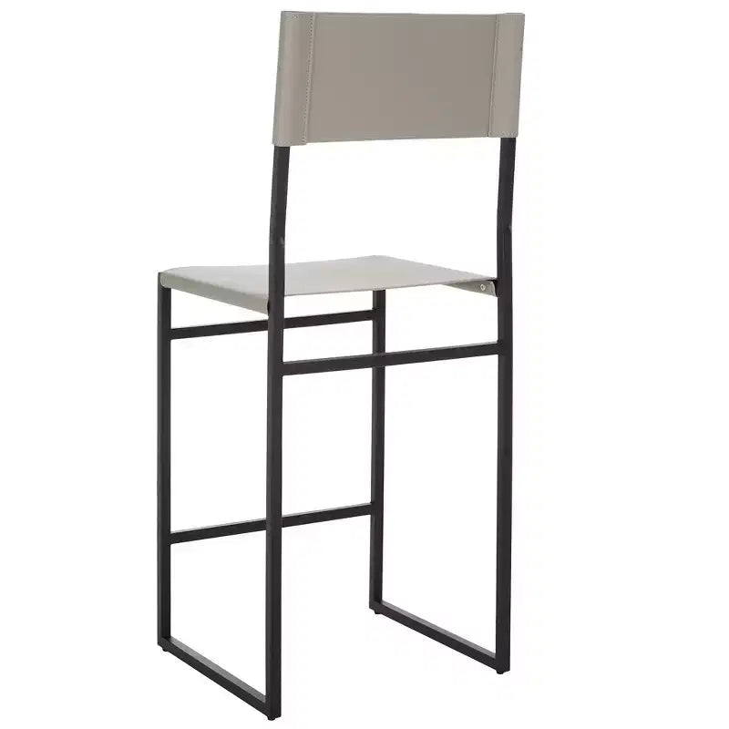 Sgabello da bancone con schienale medio e poggiapiedi, struttura in ferro, seduta in pelle, altezza 26"