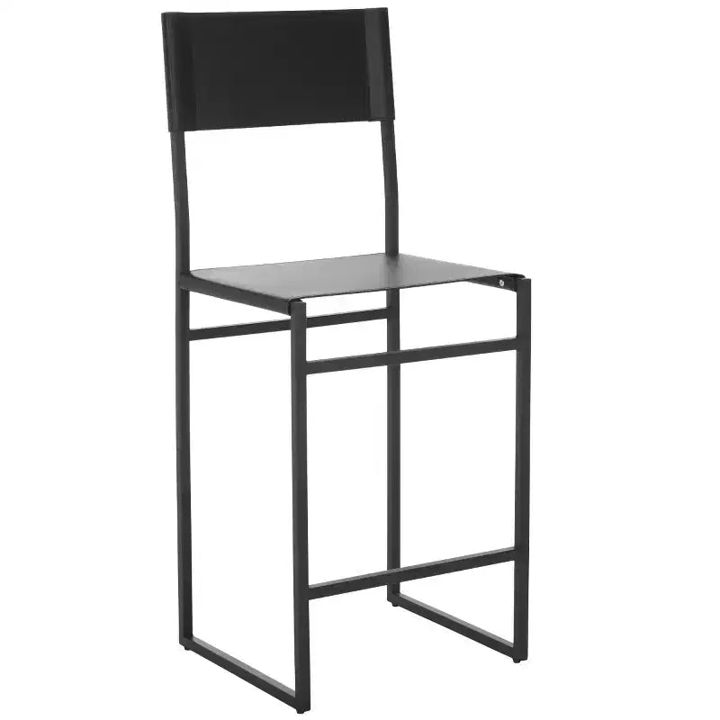 Sgabello da bancone con schienale medio e poggiapiedi, struttura in ferro, seduta in pelle, altezza 26"