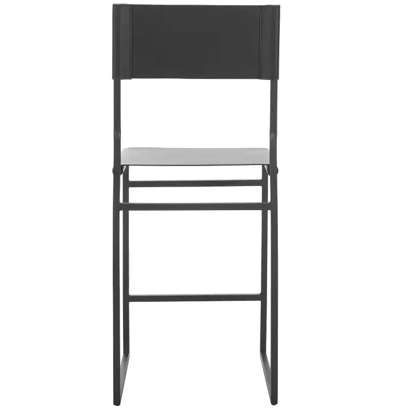 Sgabello da bancone con schienale medio e poggiapiedi, struttura in ferro, seduta in pelle, altezza 26"