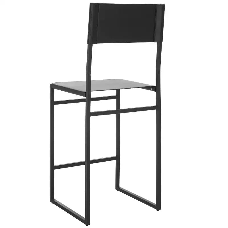 Sgabello da bancone con schienale medio e poggiapiedi, struttura in ferro, seduta in pelle, altezza 26"