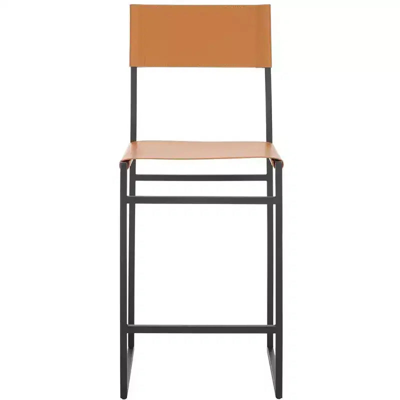 Sgabello da bancone con schienale medio e poggiapiedi, struttura in ferro, seduta in pelle, altezza 26"