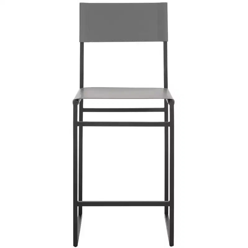 Sgabello da bancone con schienale medio e poggiapiedi, struttura in ferro, seduta in pelle, altezza 26"