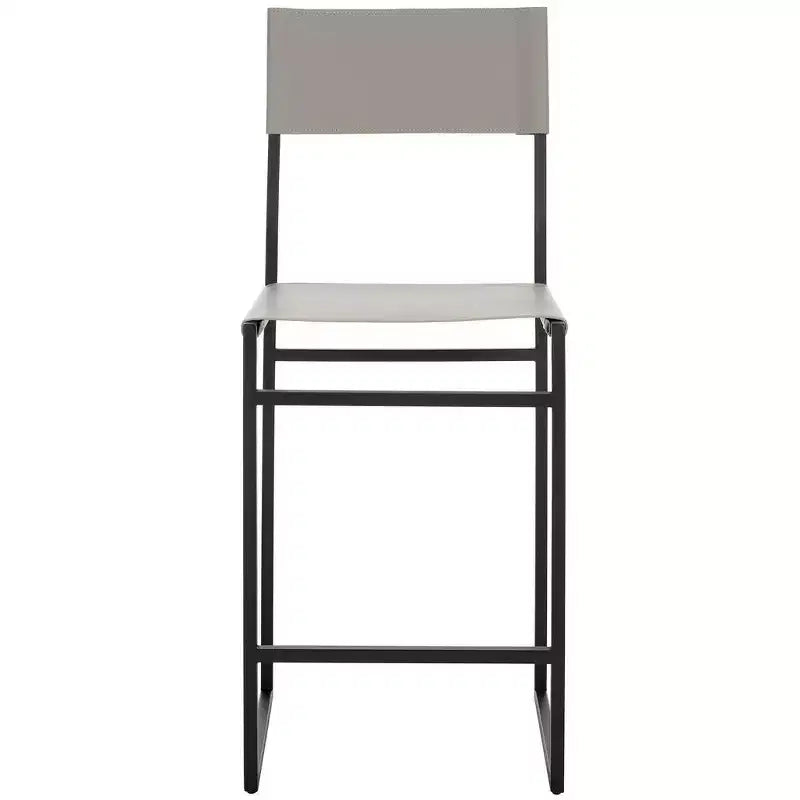 Sgabello da bancone con schienale medio e poggiapiedi, struttura in ferro, seduta in pelle, altezza 26"
