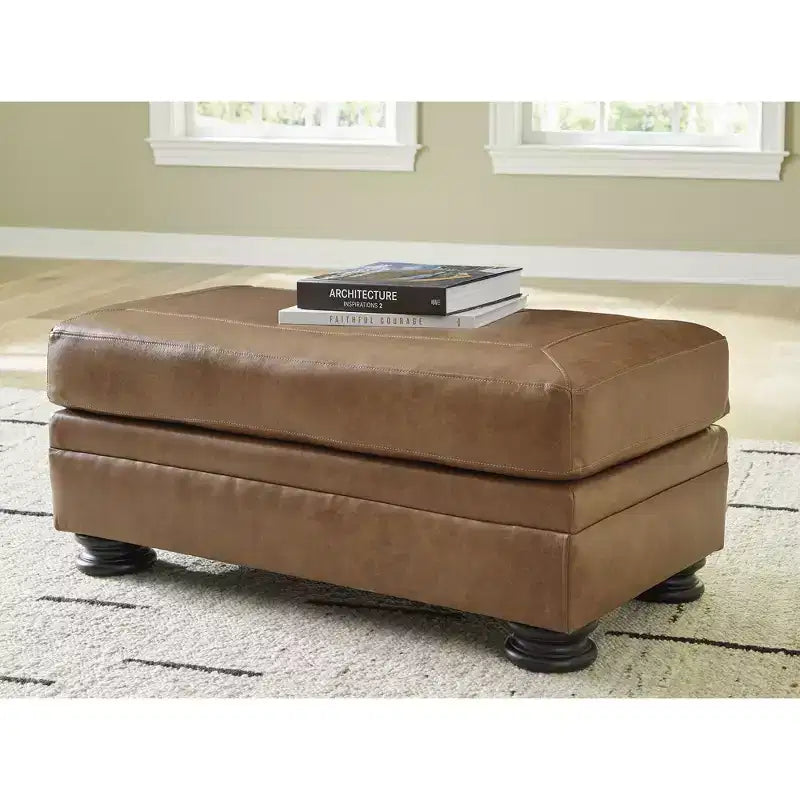 Pouf tradizionale in pelle con gambe tornite, caramello, 112 cm L x 61 cm P x 48 cm H