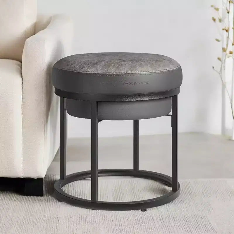 Poggiapiedi rotondo in stile ottomano con coperchio reversibile e vano contenitore, 40 cm (diametro) x 40 cm (altezza)