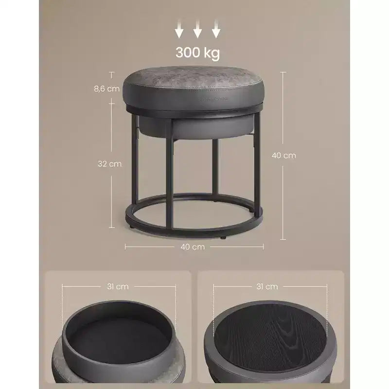 Poggiapiedi rotondo in stile ottomano con coperchio reversibile e vano contenitore, 40 cm (diametro) x 40 cm (altezza)