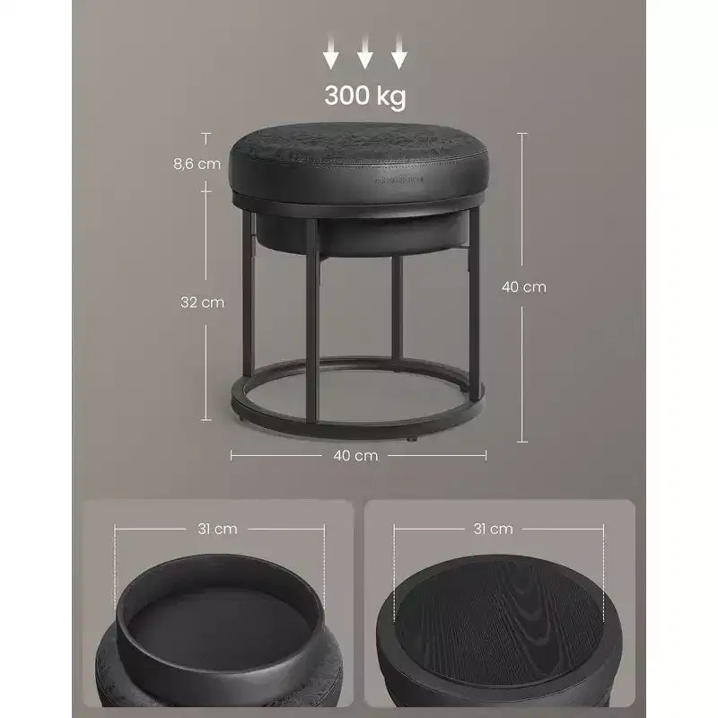 Poggiapiedi rotondo in stile ottomano con coperchio reversibile e vano contenitore, 40 cm (diametro) x 40 cm (altezza)