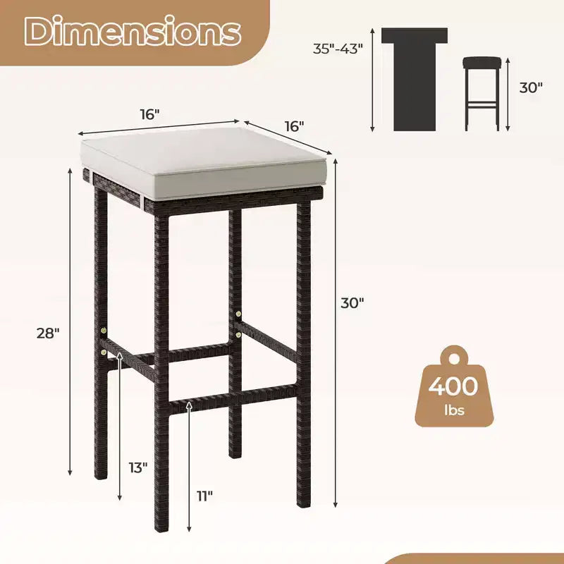 Set di 2 sgabelli da bar senza schienale in vimini con cuscini rimovibili, portata 180 kg
